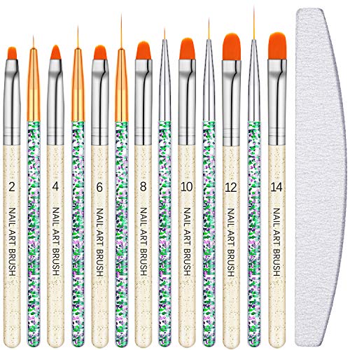 14 Pieces Nail Art Brushes Set Includes 7 Acrylic Nail Art Painting Brush Nail Painting Design Pen, 6 Nail Liner Brush Rhinestone Handle Nail Art Pen and Nail File for Acrylic Nail Supplies