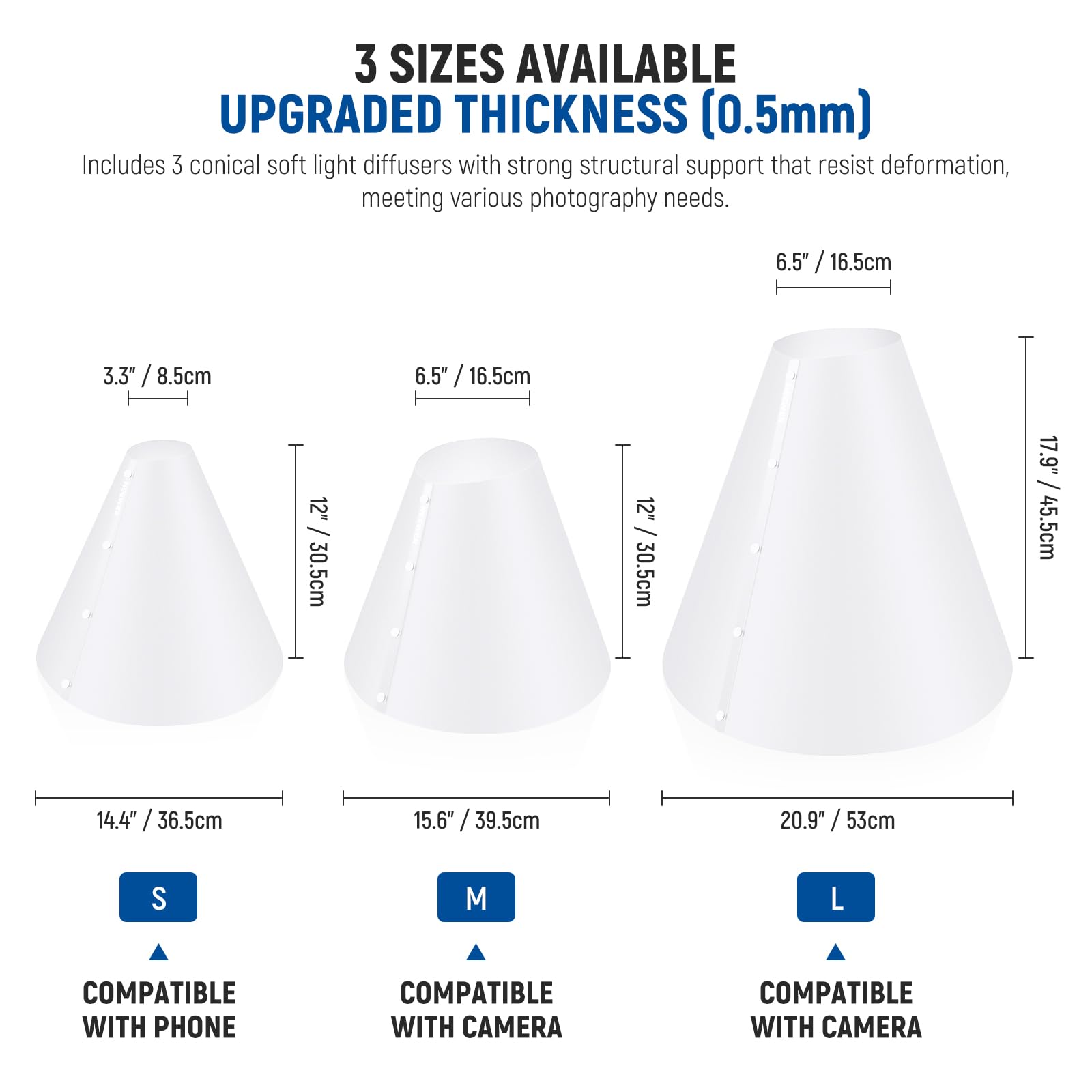 NEEWER Set Diffusore Luce Conico (3pz, 14"/15"/20"), Riflettore per Illuminazione Flash Migliorato Spessito 0,5mm, Alternativa a Light Box per Foto Prodotti Gioielleria, Senza Ombra e Riflesso, NK006