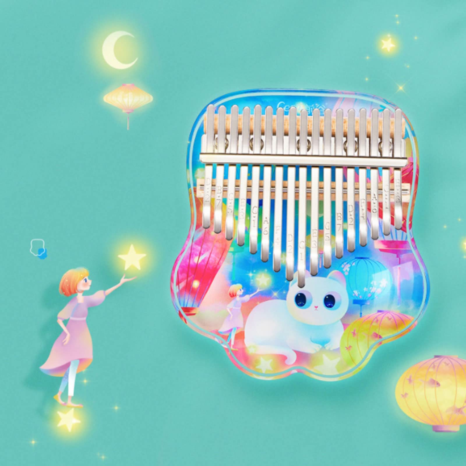 Exquisiter Klang Daumenklavier transparentes Acryl niedliches Cartoon-Sternennacht-Katzenmuster, Fingerklavier-Musikinstrument (Size : 17Keys,21Keys) Einfach zu Spielen
