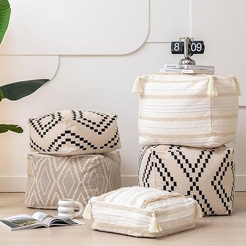 Miniatura 2 de MOCOFO Taburete cuadrado otomano bohemio sin relleno con borlas, fundas de puf tejidas, asiento de almacenamiento, 15.7 x 15.7 x 5.9 in