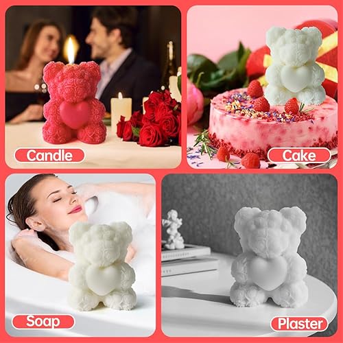 Miniatura 6 de Midnadiy Molde de silicona grande de oso de rosas, moldes para hacer velas de oso de peluche 3D, bonitos moldes de resina epoxi para jabones hechos