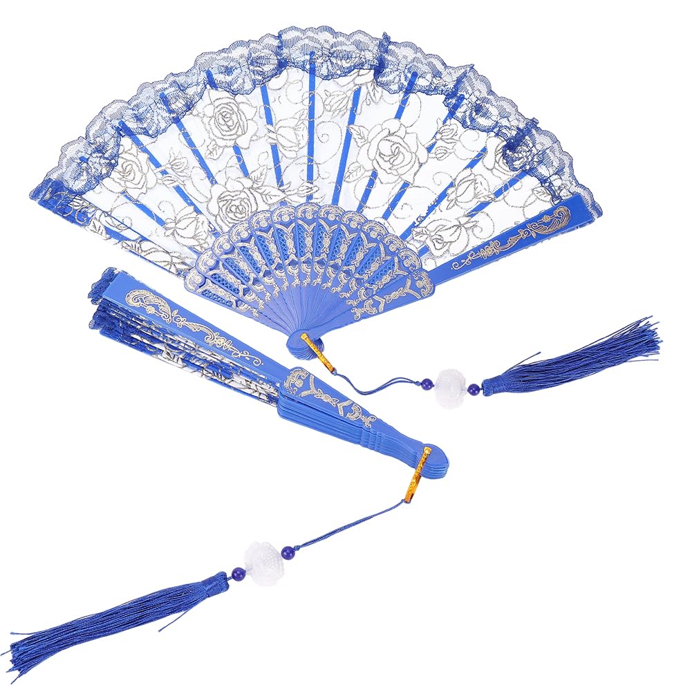 CABODYALS Blue Hand Lace Fan Folding With Polyester Tassels Vintage Embroidered Flower Sheer Fabric Floral Trimming Handheld Fans for Women Tea Party Dancing Costume Party Wedding Decor Tools Gift