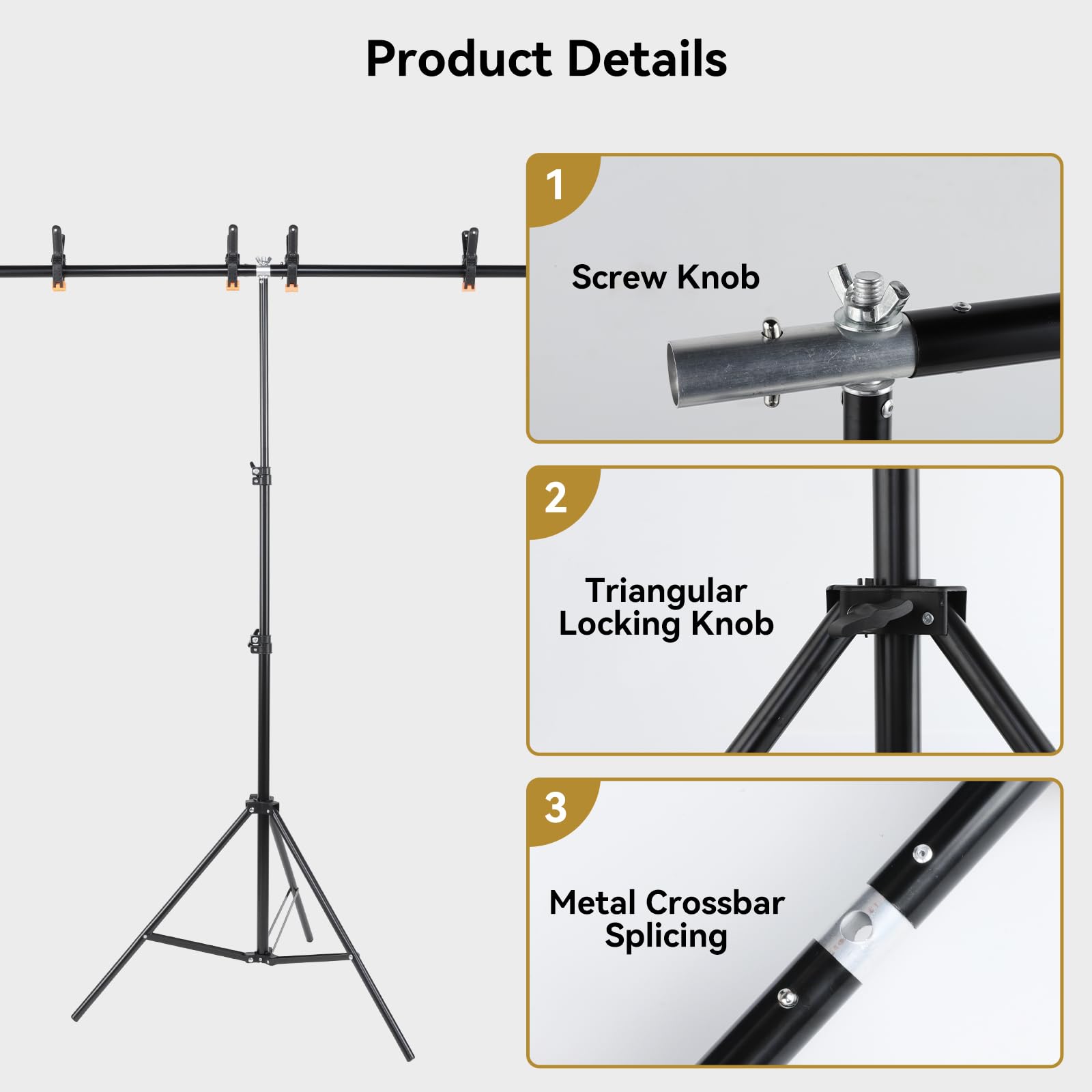 UTEBIT Supporto per Sfondo per Fotografia 1,50 x 2 Metri, Supporto per Fondale con 3 Morsetti a Molla, Professional Sistema di Fondale per Studio Fotografico, Live Streaming, Video, Ritratti