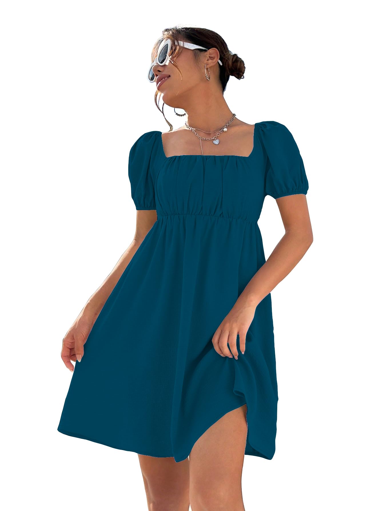 Shasmi Women's & Girl's Dress For Women L One Piece Dress For Women L Beach Dress For Women, Solid Textured Puff Sleeve Square Neck Midi Dress (Dress 115 Blue-2Xl)