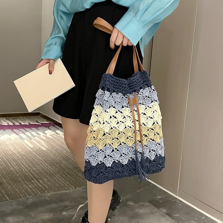 Image of MAIRO LIFESTYLE Straw Wicker Handmade Boho Summer Beach Drawstring Tote Bag