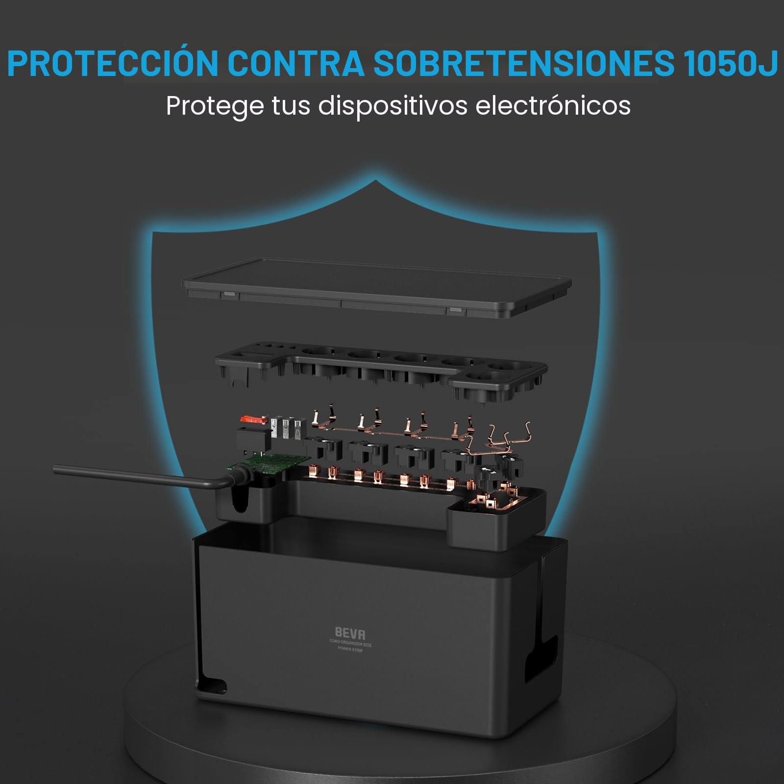 Regleta Enchufe con Caja Organizadora de Cables, BEVA Caja para Cables | Regleta Multiple con 3 USB-A y 1 USB-C, Regleta Protección Sobretensiones, 2M Cable, 3680W, Negro