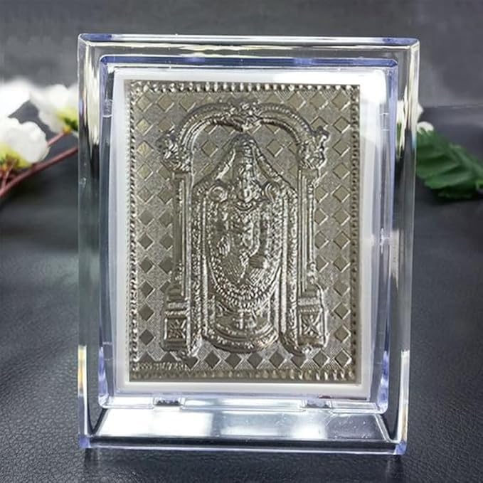 Image of Silver 999 Lord Tirupati Balaji Photo Frame for Car Dashboard, Home Decor -Lord Venkateswara Swamy Tasveer for Home, Office, Living Room, Puja, Return Gifts- 11x9x4 CM