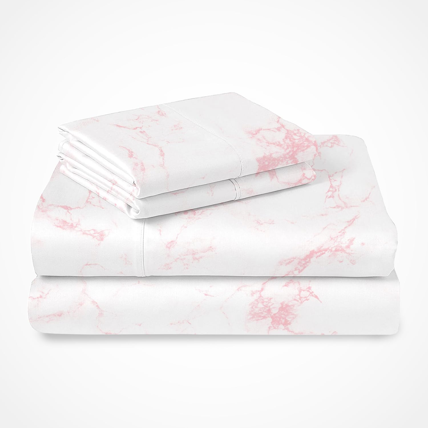 Pizuna Pure Combed Cotton Twin Bed Sheet Set Carrara Marble Pink, 400 Thread Count Cozy Luxury 100% Long Staple Cotton Sateen Weave Printed Bedsheets (1 Flat Sheet, 1 Fitted Sheet, 1 Pillowcase)