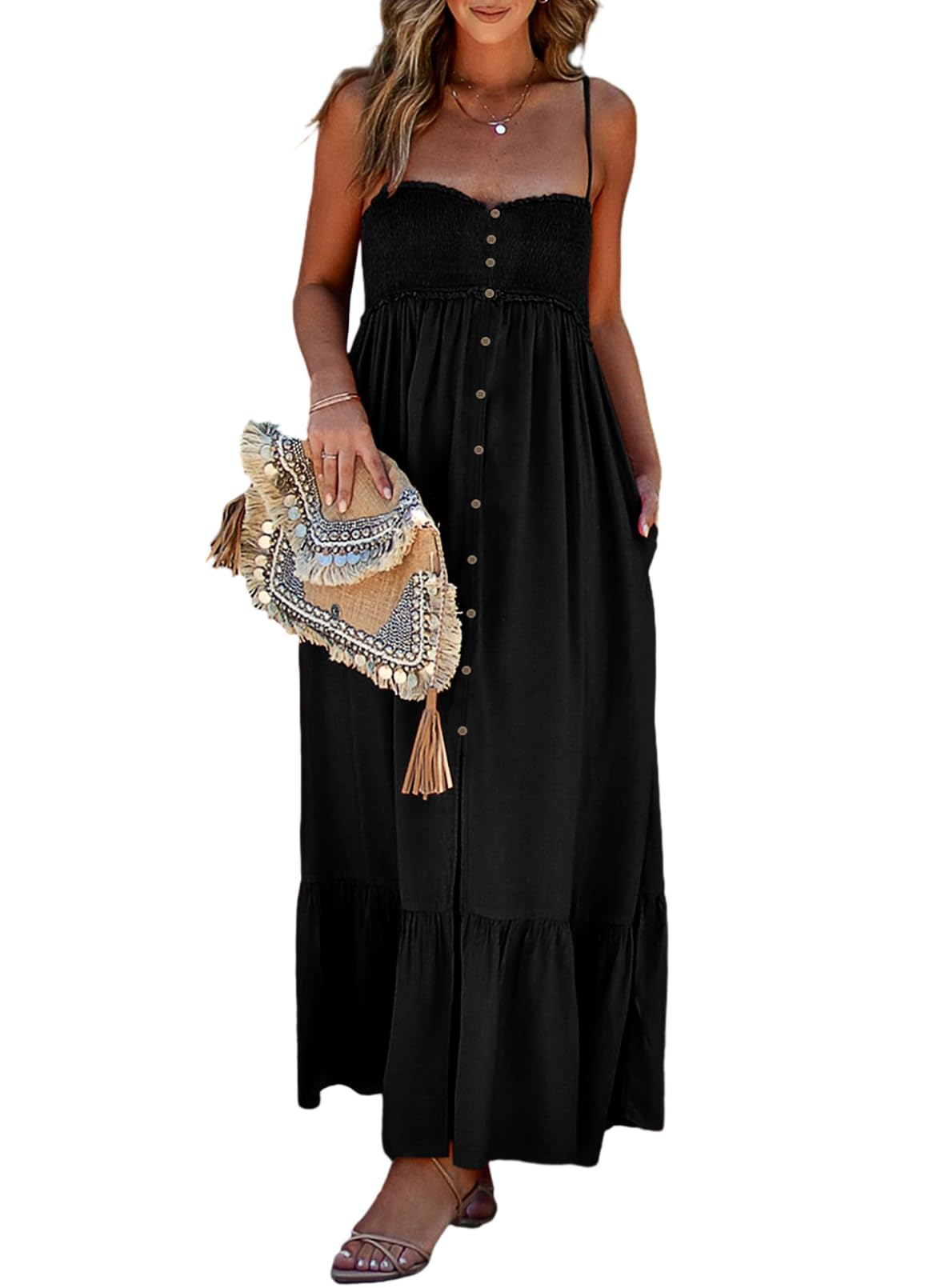 JuliaFashion - Womens Summer Casual Sleeveless Spaghetti Strap Button Down Smocked Beach Long Maxi With For Beaches Dress main image 1