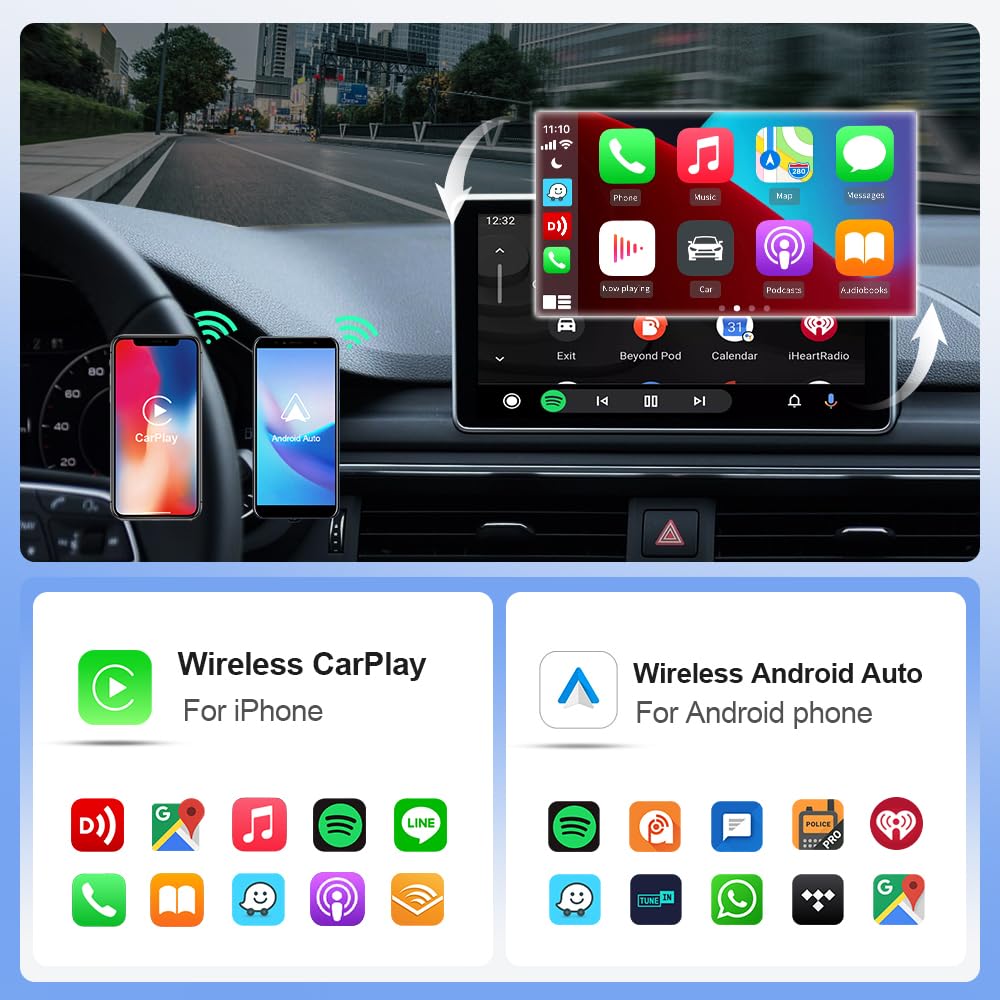 Screenshot of Wireless CarPlay and Wireless Android Auto interfaces, showing various compatible applications like Spotify, Google Maps, and Messages.