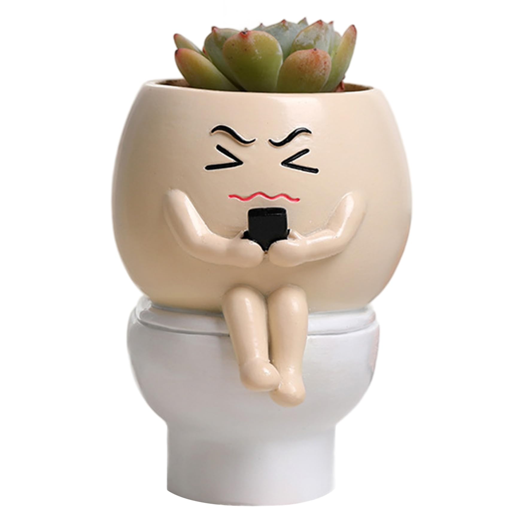 Hperu Funny Plant Pots, 3.5x4x5inch Frowning Face Planter Sitting On Toilet & Holding Cellphone In Hand Diy Friendly Unique & Crative Head Planter for Succulent