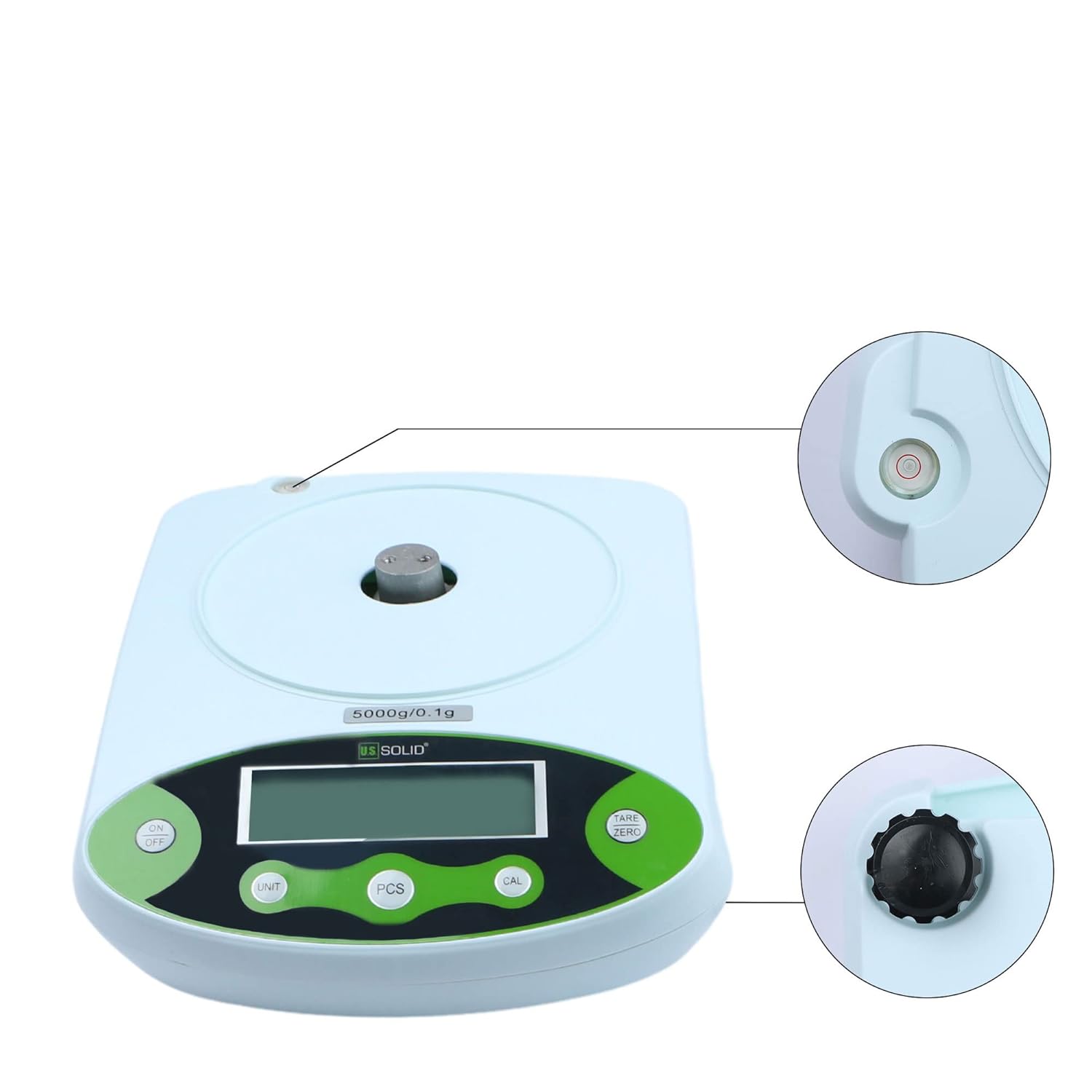 Aldea view of the scale showing the leveling bubble