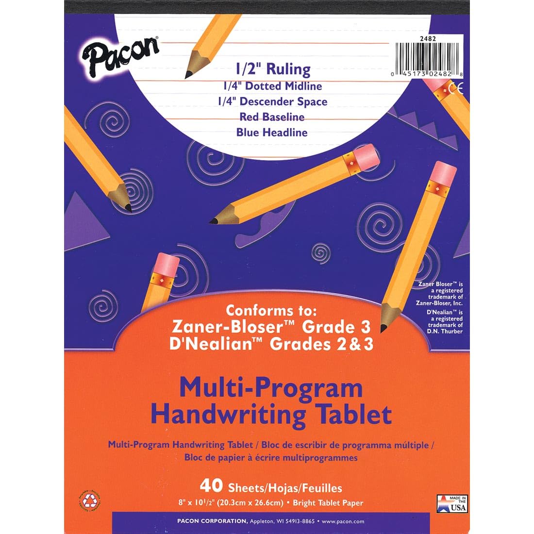 Pacon PAC2482 Multi-Program Ruled Handwriting Paper, 8" x 10.5", 40 Sheets, D'Nealian Grades 2-3 and Zaner-Bloser Grade 2, 0.5" Ruling, 0.25" Dotted Midline, 0.25" Descender Space, Class Pack of 24