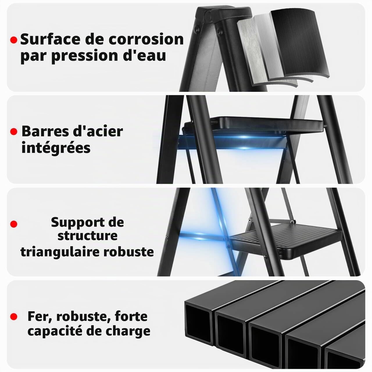 Escabeau 3 Marches Pliable, Grandes Marches, Petite Échelle Domestique pour La Cuisine 3 Marches, Facile à Utiliser, Capacité Charge 150kg
