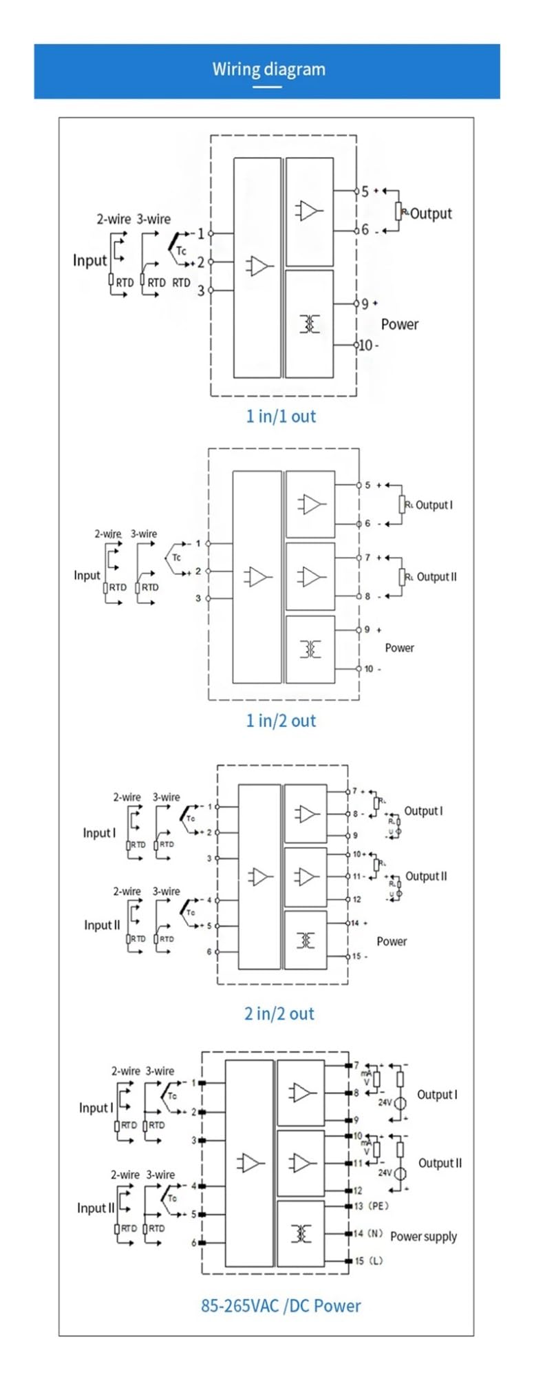 Isolierter Temperatursignalkonverter RTD zu TC Thermoelement-Temperaturisolator(1 in 1 Out,Out 4-20MA_PT1000-50-300C_18-30VDC Power)
