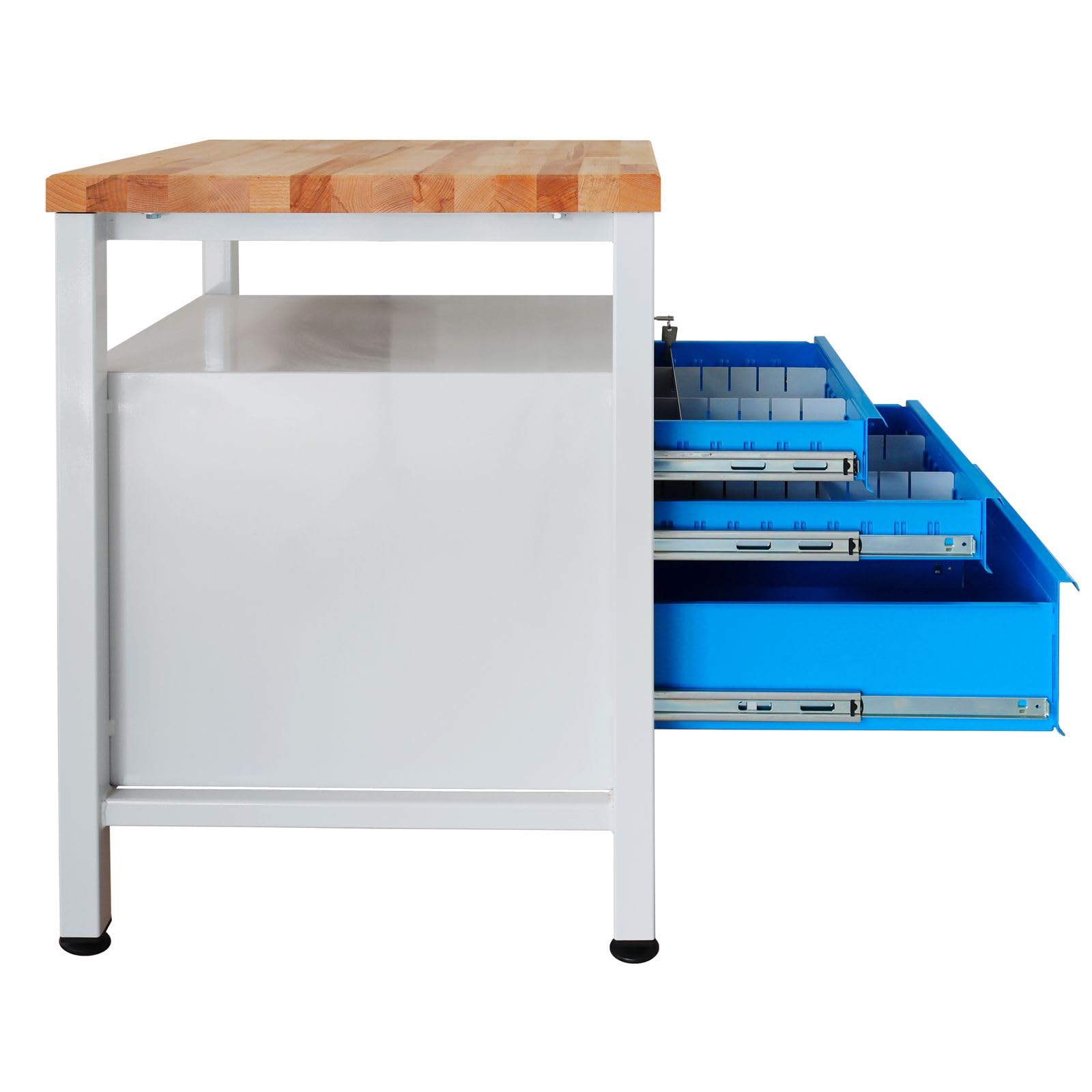 ADB Werkbank/Werktisch, 600x600x840 mm, mit 3 Schubladen, RAL 7035/5012, mit Stabiler Arbeitsplatte Buche massiv riegelartig verleimt, geölt, 30 mm