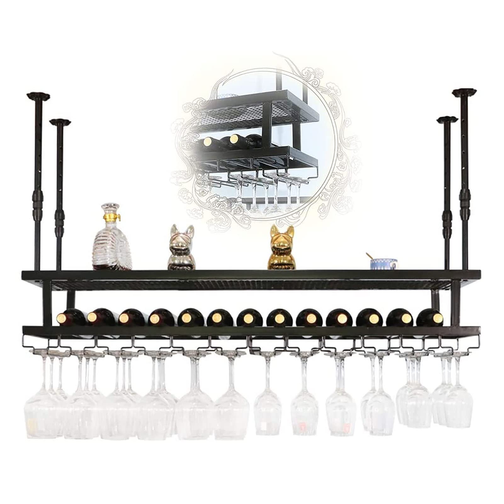 Casier à vin suspendu en métal réglable avec porte-verre de plafond vintage