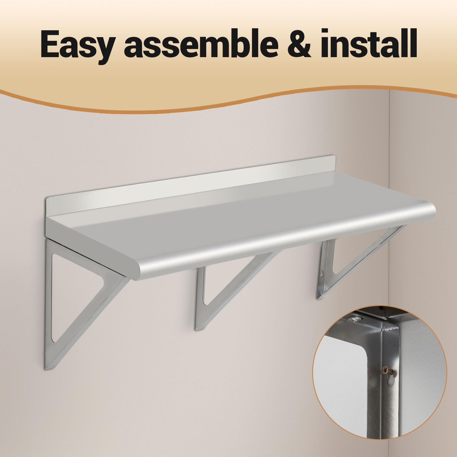 Acekool Étagère Murale INOX Commerciale Robuste avec dosseret – Console Triangulaire – Rangement Cuisine Pro – Bord Arrondi – Argent, Arc Edge, 30×12×12 inch