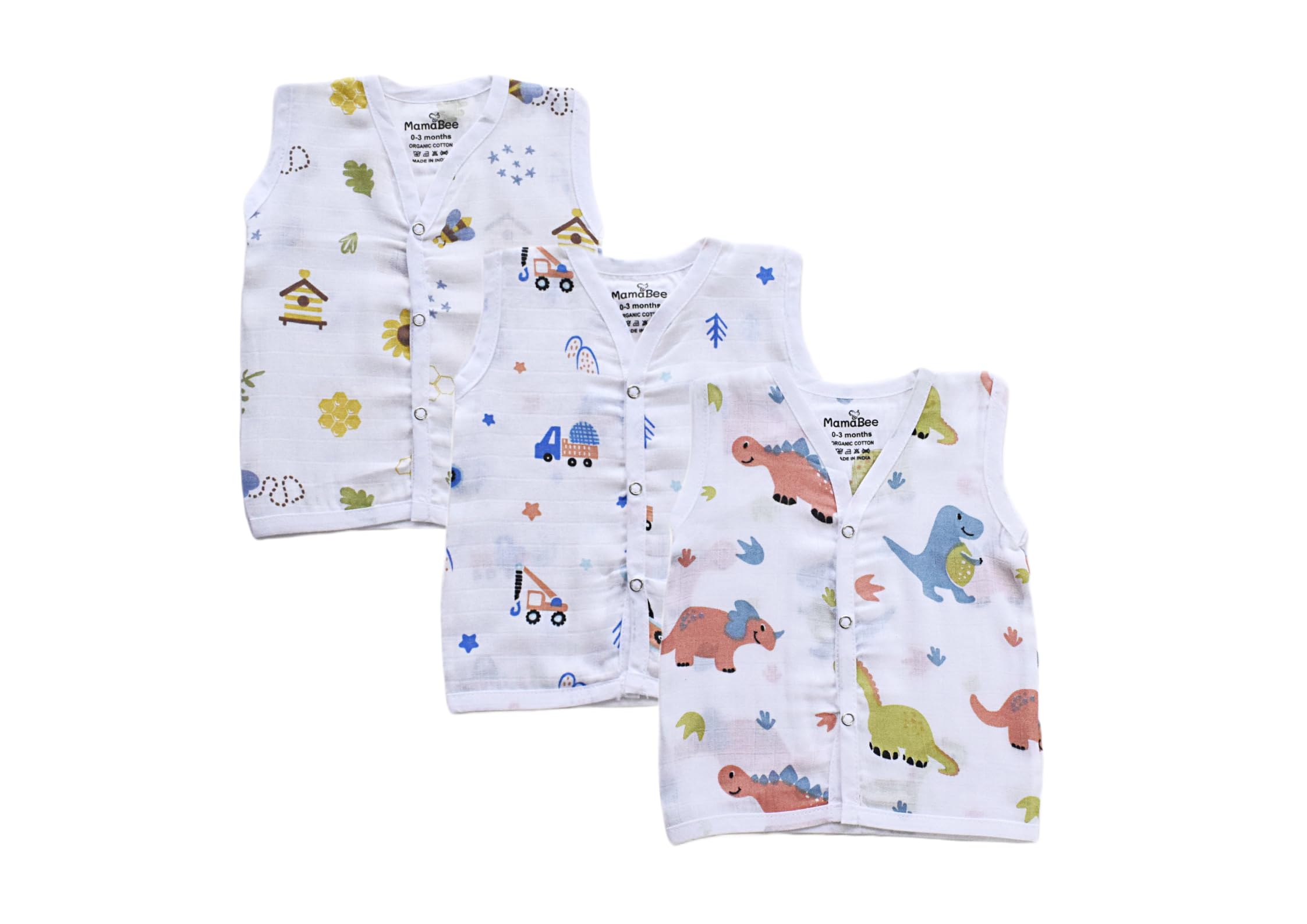 100% Organic Cotton Muslin Button Jabla | Printed Sleeveless Vest for Boys & Girls | Soft & Comfortable Baby Products | Snap Button | Pack of 3 | Size 0-3 Month