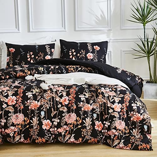Black Floral Comforter King Size Vintage Bedding Comforter Orange Red Flowers Bohemian Floral Botanical Design Elegant Retro Black Comforter Set All Season Bed Comforter