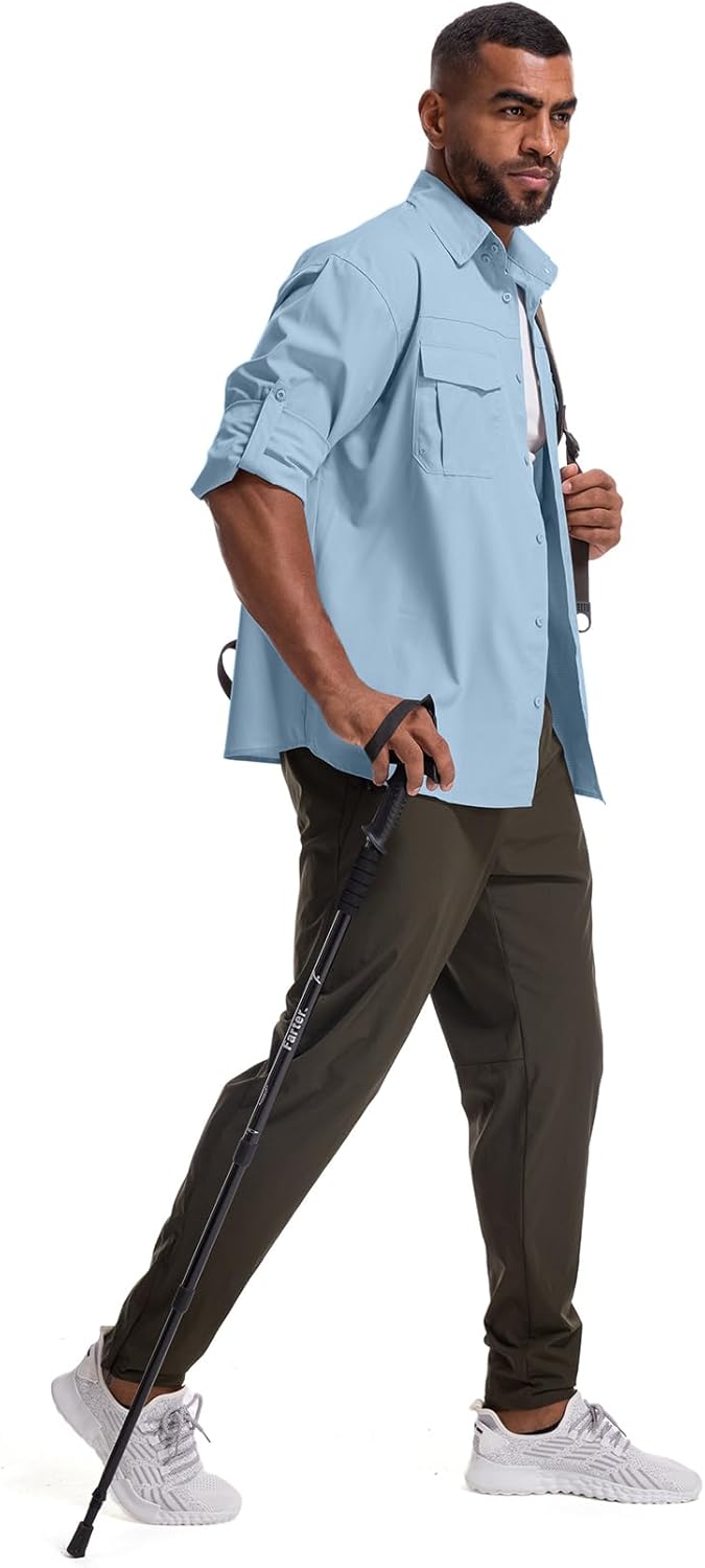 Mens Safari Sun Shirts UPF 50+ UV Sun Protection Long Sleeve Outdoor Quick Dry Fishing Hiking Gardening Shirts (5051 Blue S)