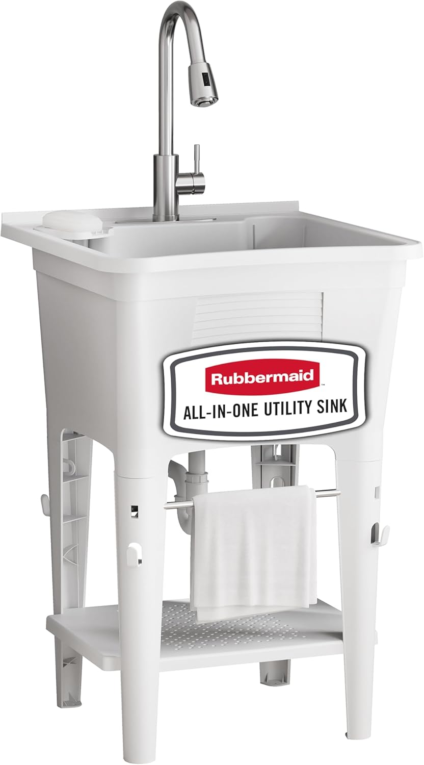 Rubbermaid Utility Sink Laundry Tub, Freestanding Laundry Sink with Premium Stainless Steel Sprayer Faucet, for Laundry Room, Basement, Garage, 24.1" L x 24.1" W x 52.5" H, White