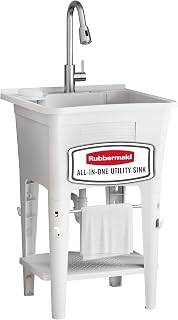 Rubbermaid Utility Sink Laundry Tub, Freestanding All-in-One Sink with Premium Stainless Steel Sprayer Faucet, for Laundry Room, Basement, Garage, 24.1" L x 24.1" W x 52.5" H, White