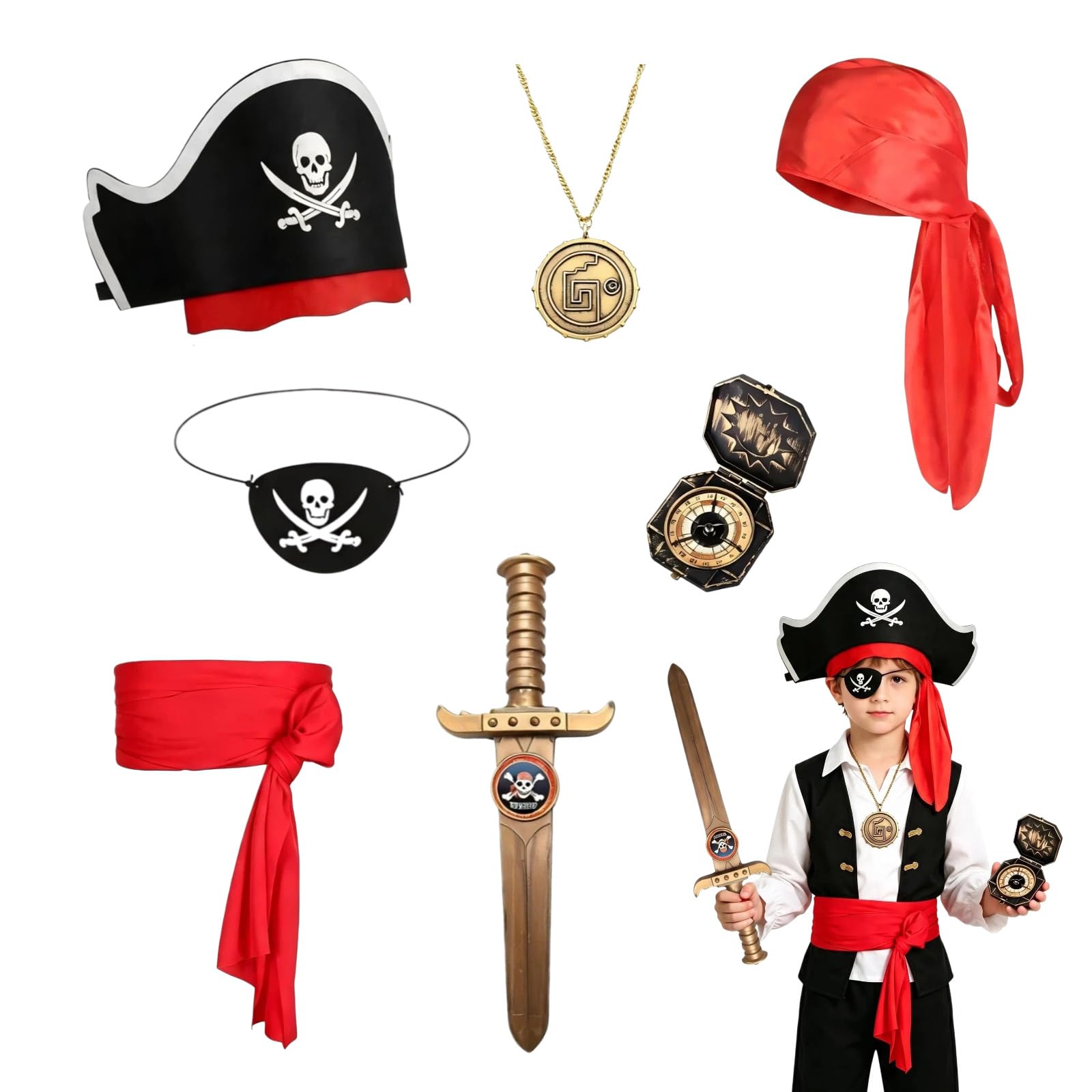 Pedicur Kids Pirate Accessories Set 7PCS with Pirate Hat, Sword & Eye Patch