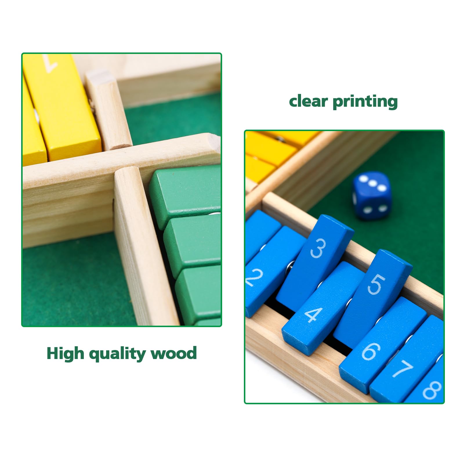 Flero Shut The Box - Gioco a dadi per 4 giocatori in legno - Gioco di tattica e calcolo (Multicolore) - Gioco da tavolo, giocattolo educativo, gioco didattico per bambini e adulti - 8 dadi