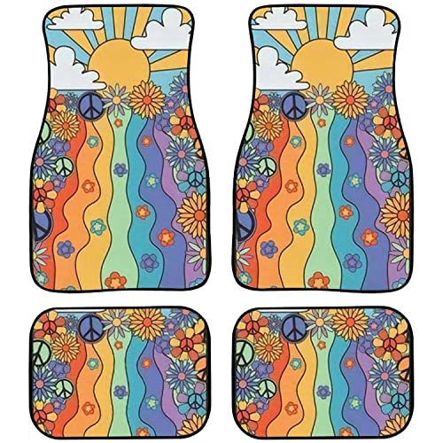 Car Floor Mats 70s Groovy Retro Sunshine and Flowers Print Vintage Hippie Floral for Carpet Floor Mats for Cars, Auto Interior Decorative Accessory Anti Slip Car Floor Mat Sets, for Women Gift