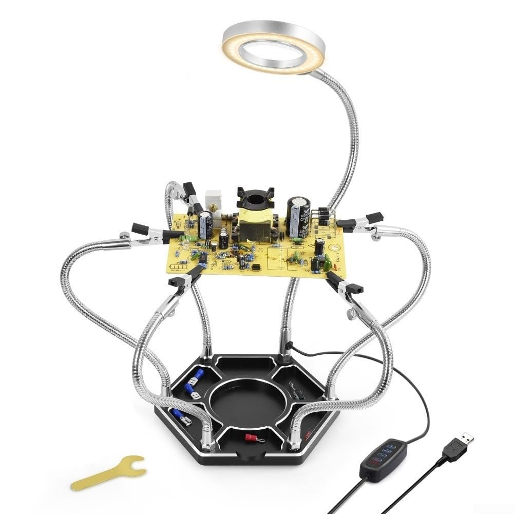 Helping Hands Station de soudure avec lumière LED et loupe Bras flexibles Support PCB pour réparation électronique