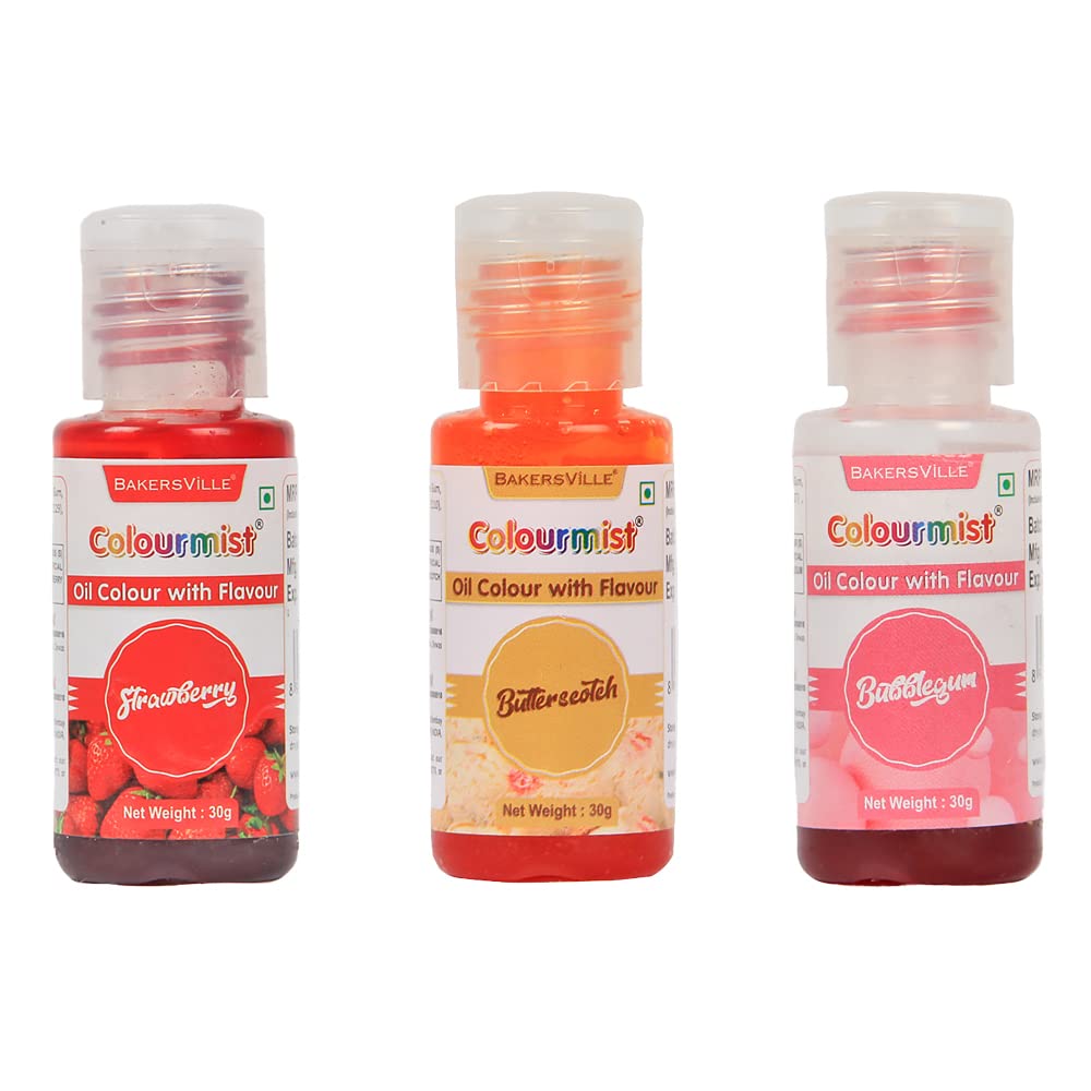 Colourmist Oil Colour With Flavour, Assorted Pack Of 3 (STRAWBERRY, BUTTERSCOTCH, BUBBLEGUM), 30g Each | Chocolate Oil Assorted Flavour with Natural Colour | Assorted Chocolate Oil Emulsion (B09SWNSSGK) Amazon Price History, Amazon Price Tracker