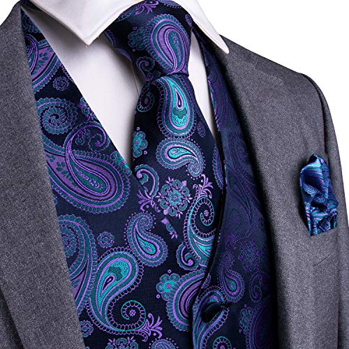 Image of DiBanGu Mens Paisley Vest Silk Sleeveless Suit Vest and Neck Tie Pocket Square Cufflinks Set for Wedding Formal