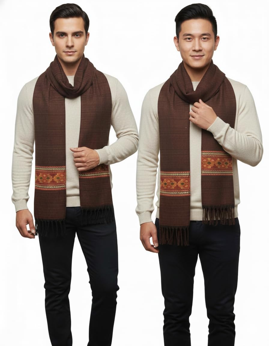 stone barrow SGS Men's Winter Scarf, Brown Wool Blend with Traditional Border Pattern, Long Knitted Muffler with Tassels (PACK OF 2)-picture-12