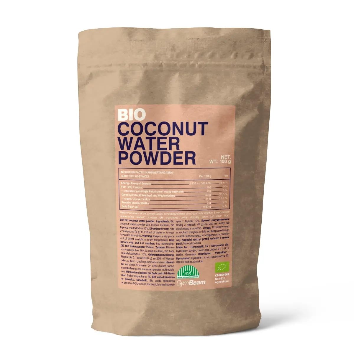 GymBeam BIO Kokosnusswasser-Pulver - Schonend getrocknetes Kokosnusswasser aus BIO-Kokosnüssen, 29,8 kcal pro Portion, glutenfrei, laktosefrei, vegan, süß und erfrischend, 100 g
