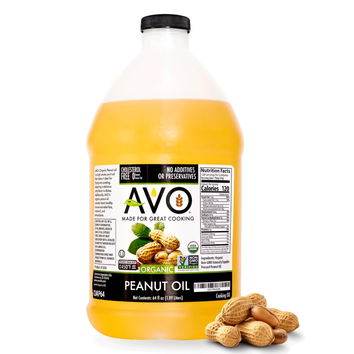 AVO Organic Peanut Oil Half Gallon - Premium Bulk Cooking Oil for Deep Frying Turkey, Grilling & Chefs