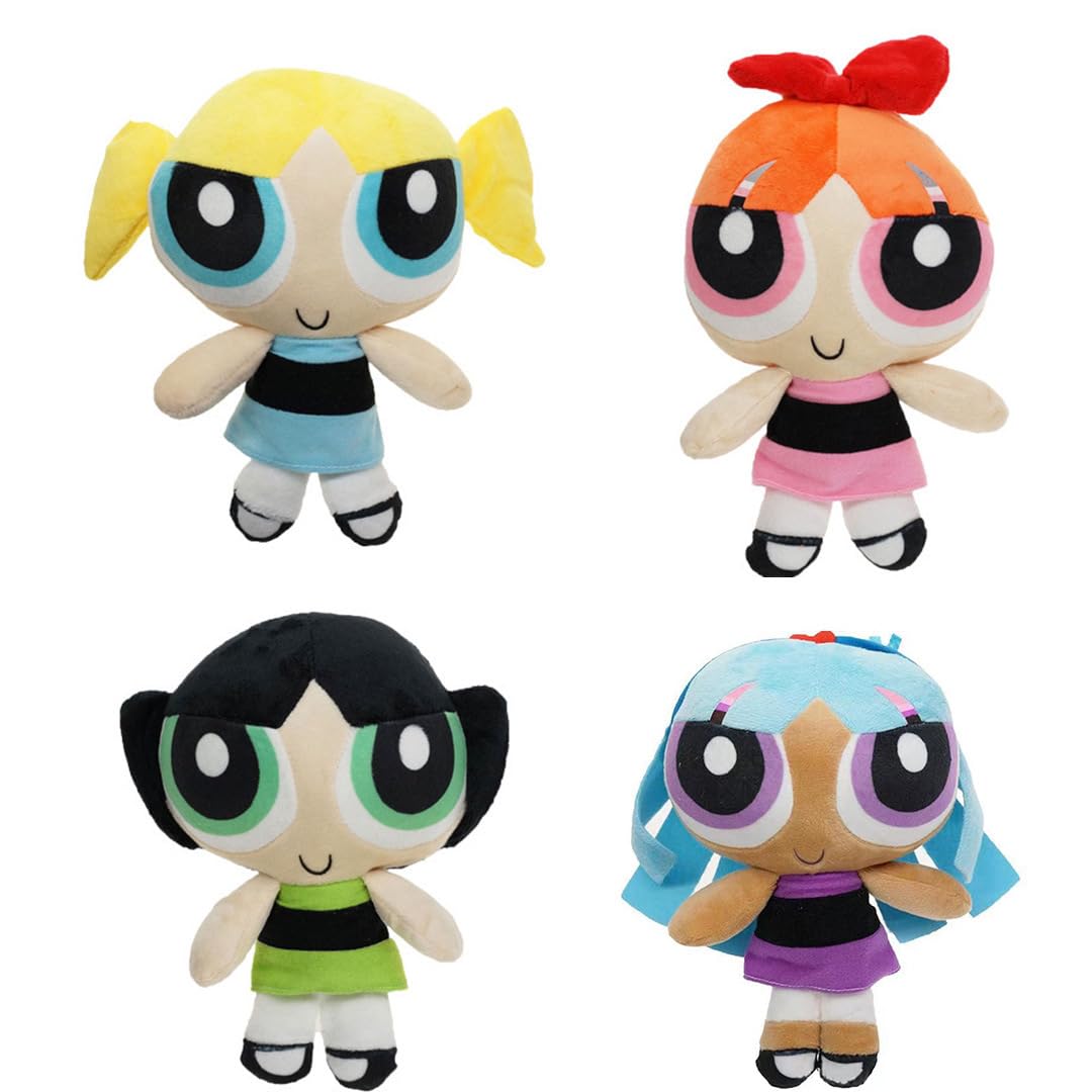 Yiunl Girls 4 Pcs Cartoon The Powerpuff Plush Toy Set Bubbles Blossom Buttercup Pillow Stuffed Anime Doll For Kids Birthday Gift 25Cm