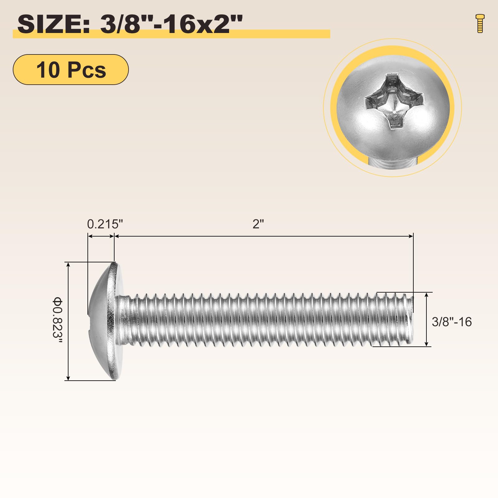 METALLIXITY Machine Screws Phillips Head(3/8"-16x2") 10Pcs, 304 Stainless Steel Round Head Phillips Drive Furniture Bolts - Image 2