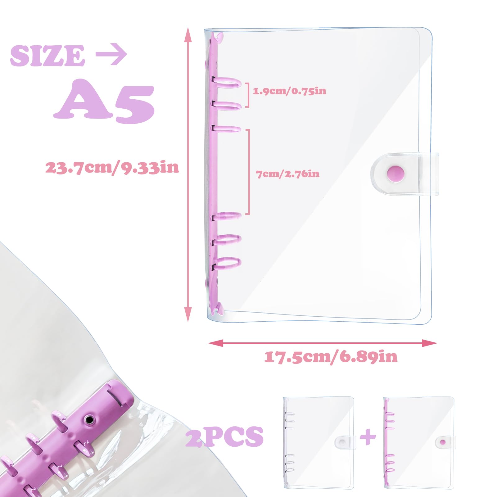 DY.2ten 2 Pack A5 Transparent Soft PVC 6 Holes Binder Notebook Covers, Snap Button Closure Refillable Notebook Round Ring Binder Cover Protector(A5, Clear Cover + Light Purple/White Binder) - Image 2