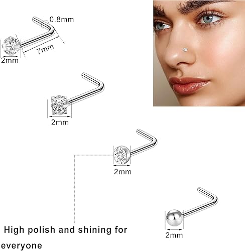 Miniatura 3 de ONESING 9-40 piercings de nariz aros, tachuelas y forma de L Piercing de nariz de acero inoxidable hipoalergénico para mujeres y hombres
