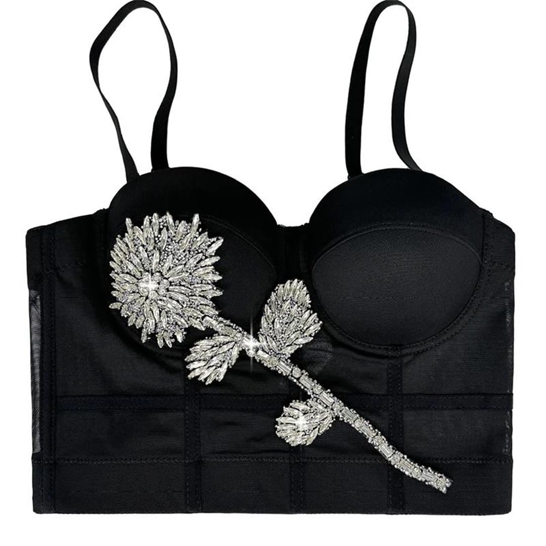 Yeuyyben Canotta da donna con strass e fiori, senza maniche, con schiena scoperta, aderente, elegante, estiva, alla moda