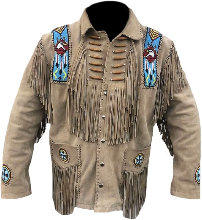 Traditional Western Genuine Suede Leather Jacket Men Native American Bead Top Brown Fringe Cowboy Jacket Sale