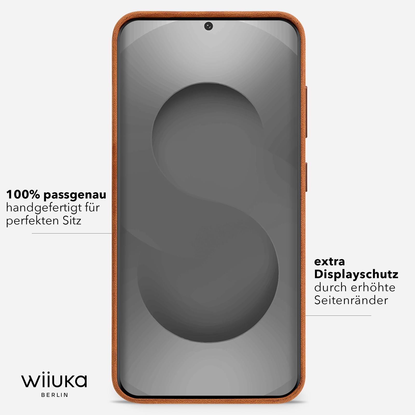 WIIUKA Hülle für Samsung Galaxy S26, Leder aus Deutschland, 360° Schutz, Lederhülle extra Dünn, Premium Handyhülle, Case, Qi, für Samsung S26, skiin More Cognac