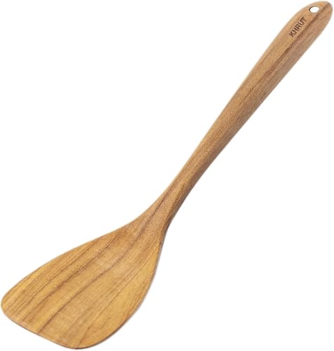 EspátulaTurner de madera de teca, 13.5 pulgadas de largo, utensilios de madera de teca, volteador plano de madera, volteador plano de mango largo
