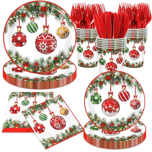 Christmas Paper Plates and Napkins,144pcs Xmas Ball Christmas Plates Disposable Party Set Christ mas Dinnerware Set for Winter Xmas Holiday,Serves 24