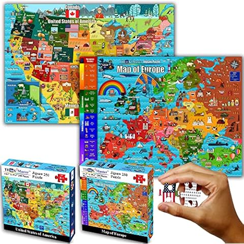 Think2Master Colorful United States Map 250 Pieces & Map of Europe 250 Pieces Jigsaw Puzzle. Fun Educational Toy for Kids, School & Families. Great Gift for Boys & Girls Ages 8+ to Stimulate Learning Cover