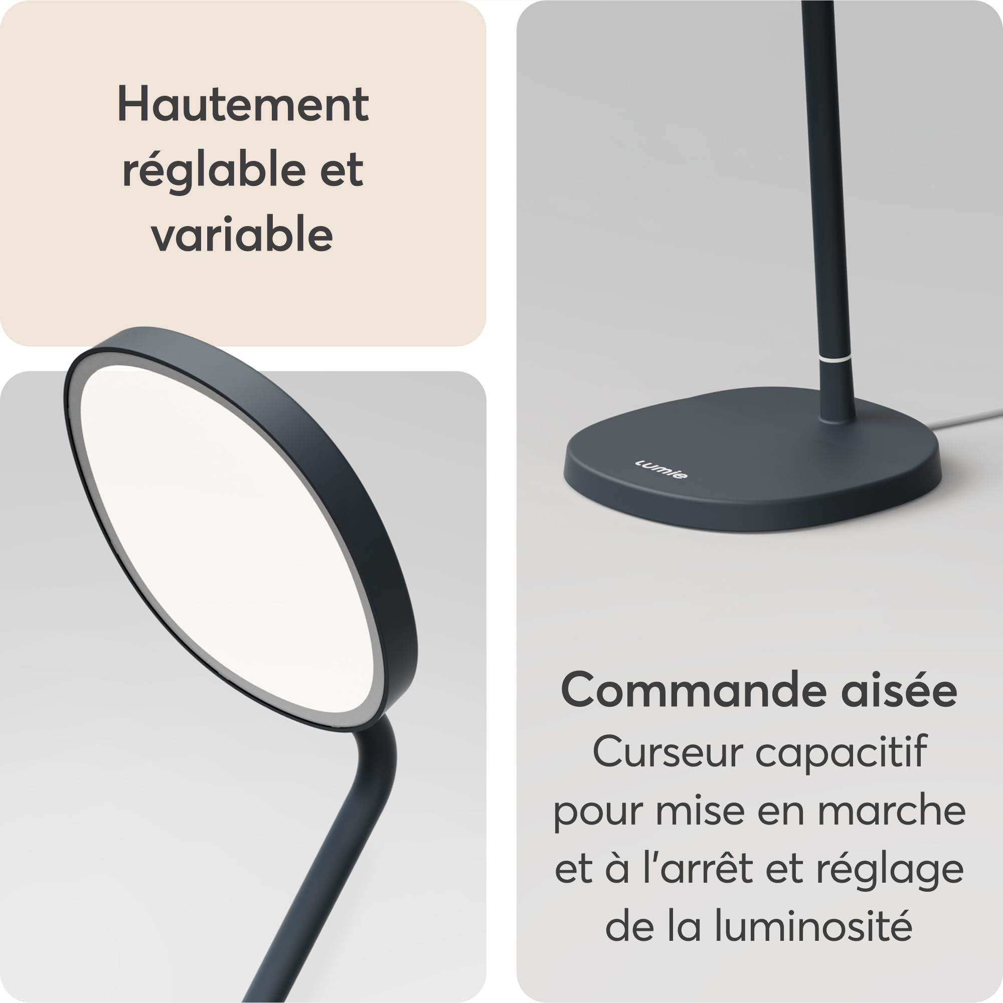 Lumie Task | Lampe LED thérapie lumineuse, réglable, anti-déprime hivernale, éclairage cristallin, confort visuel, meilleure humeur et énergie | Bleu Charbon