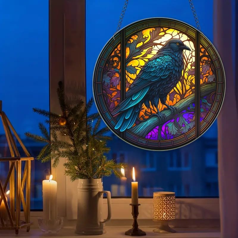 Vitrail à Suspendre – Panneau De Corbeau Sur Lune De 19,8 Cm