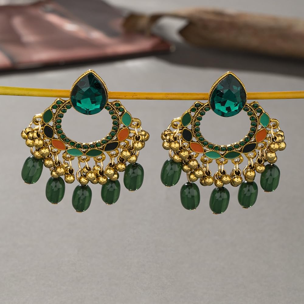 Bollywood Chandelier Statement Tassel Dangle Indian Earrings Antique Boho Imitation Rhinestone Beaded Jhumka Drop Dangling Stud Lightweight Vintage Indian Jewelry Holiday Gifts for Women - Image 4