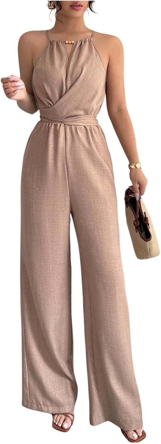 SOLY HUX Women's Elegant Tie Back Halter Jumpsuit Summer Cut Out Wide Leg Dressy Casual Romper